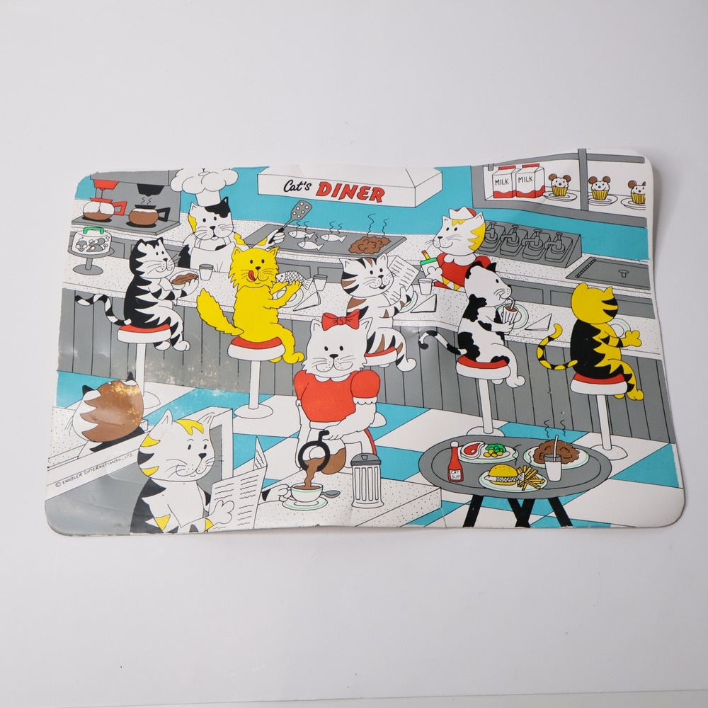 VTG‎ Knobler Cats Diner Placemat Art Retro Anthropomorphic Cat Cafe Kitsch 17" *